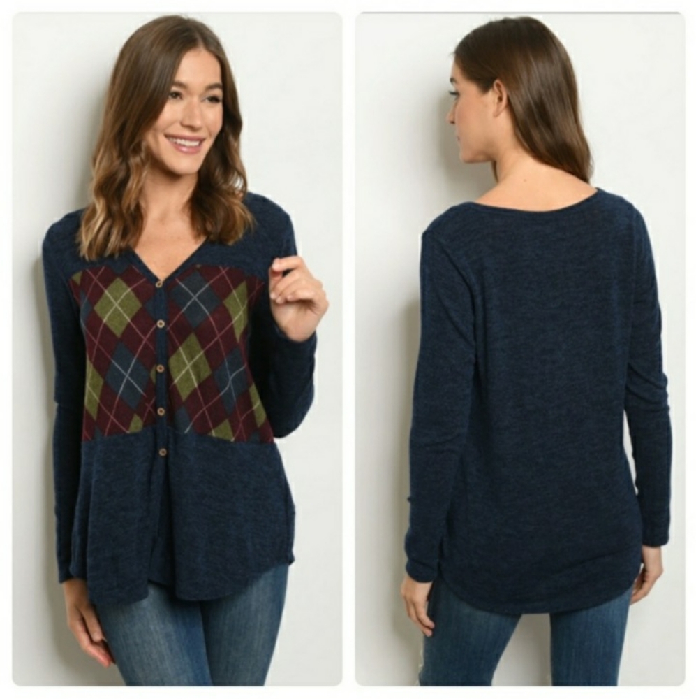 🍂Navy and Argyle Classy Long-Sleeved Top